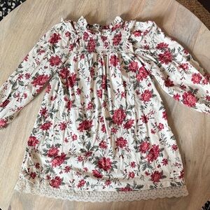 Girls Cream Floral Smocked Dress with Red Rose Print